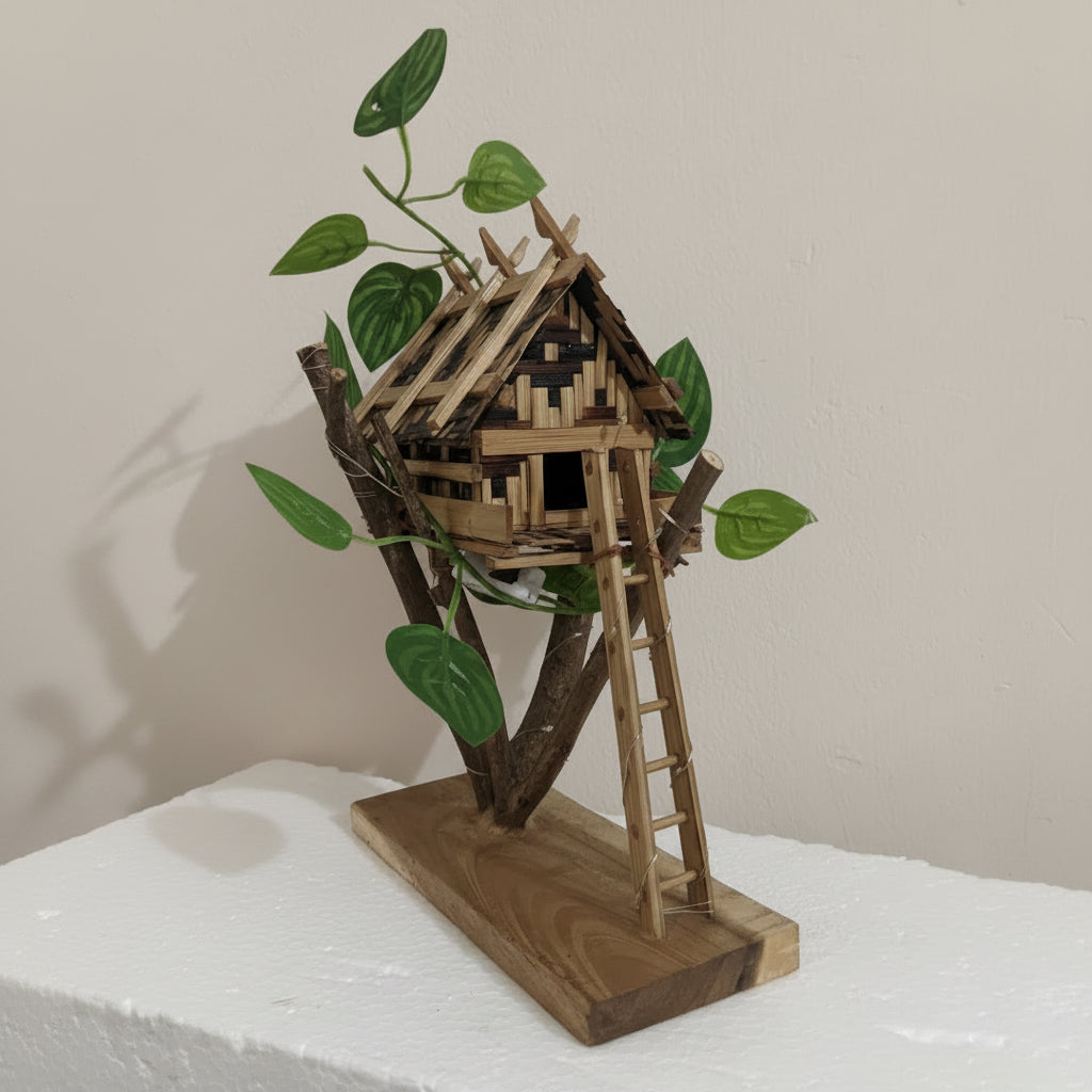 Wooden treehouse model with leaves on a white surface and beige background