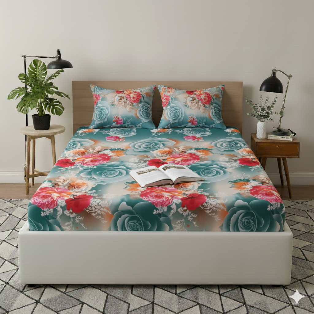 Midnight Rose Twill Cotton King Size Bedsheet Set