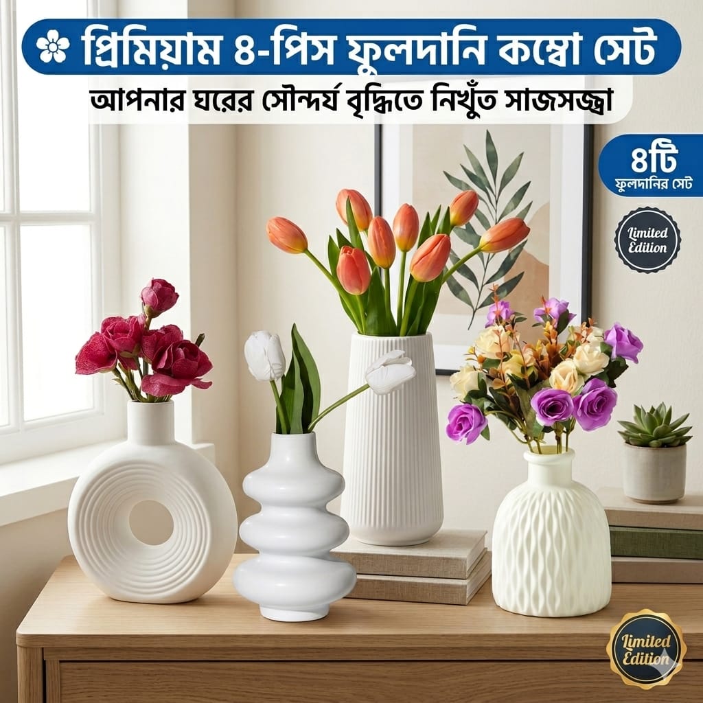 Decorative 4 PCS Flowers Vase Combo Set With Flowers