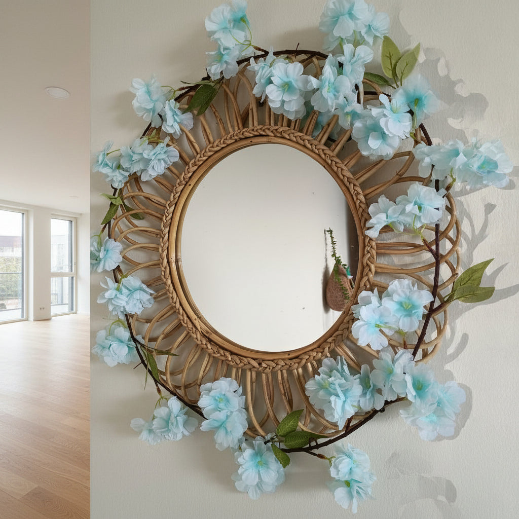 Decorative mirror with wicker frame and blue flowers on a beige wall