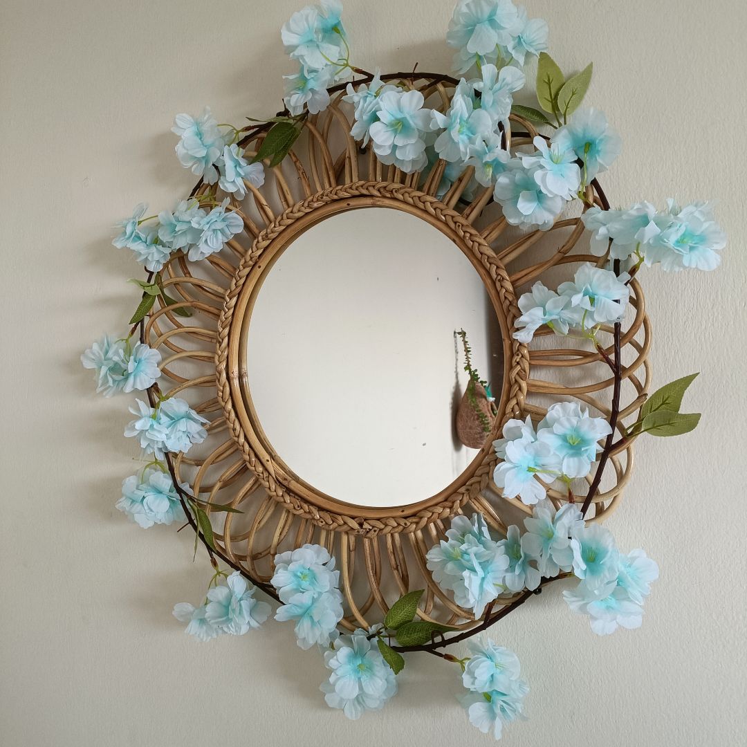Decorative Sunburst Cane Wall Mirror 20 Inch With Flower Vine